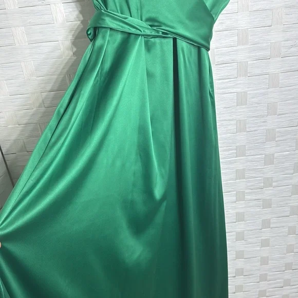 Angashion Kelly Green Satin Dress Sleeveless Cross Front Midi Dress Size Large - Picture 7 of 14